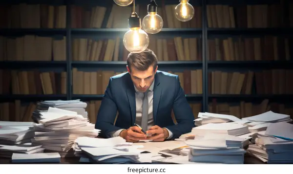 Young businessman working late in a library surrounded by paperwork