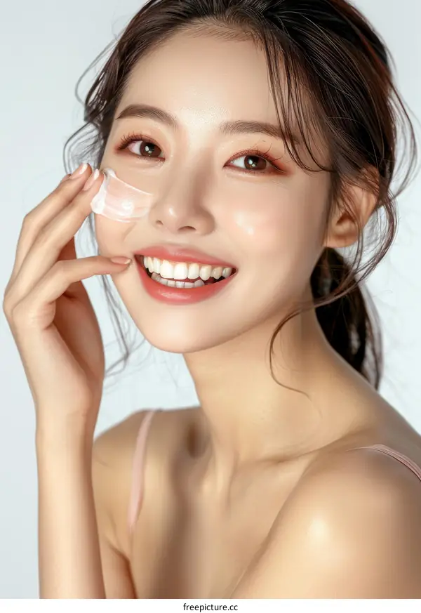 Asian woman applying cream on her face