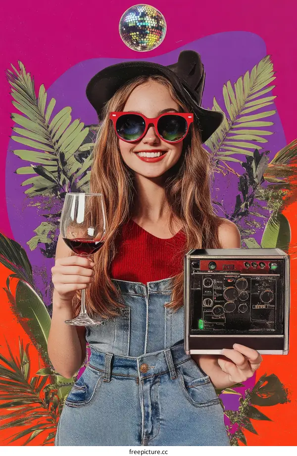 Stylish Girl with Wine Glass and Retro Radio Collage
