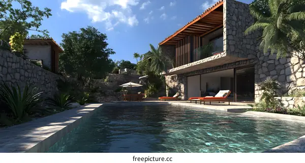 Modern Stone Villa with Swimming Pool and Tropical Garden