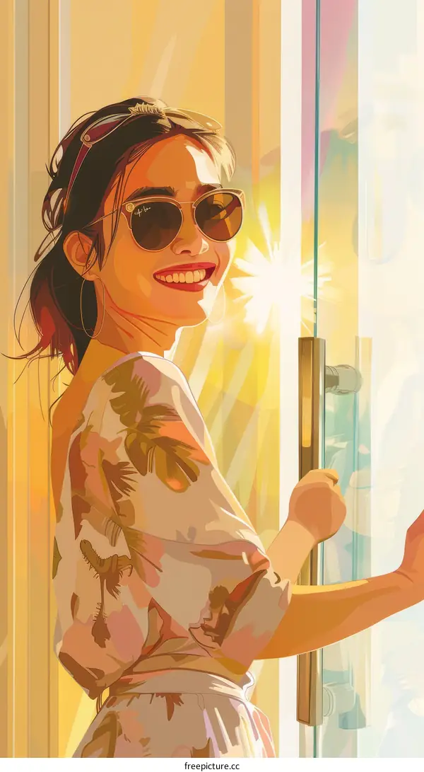 girl in sunglasses smiling and opening door