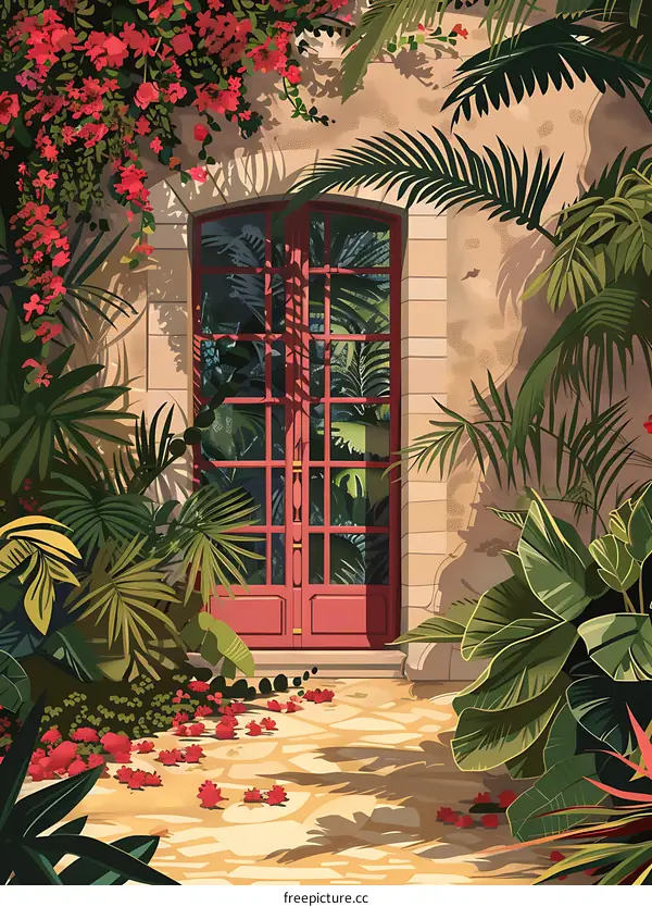 Red Doorway in a Lush Tropical Garden