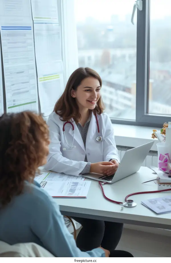 Smiling female doctor talking to a patient in her office