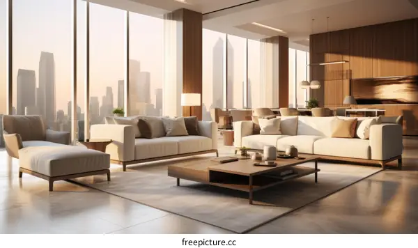 Modern living room interior design with large windows and city view
