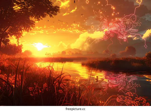 Digital Sunset over Serene Lake