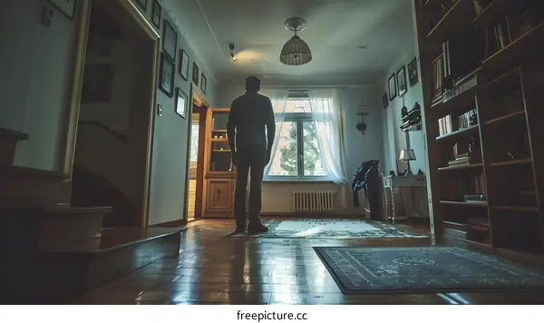 A man standing alone in a large room with bookshelves and a large window