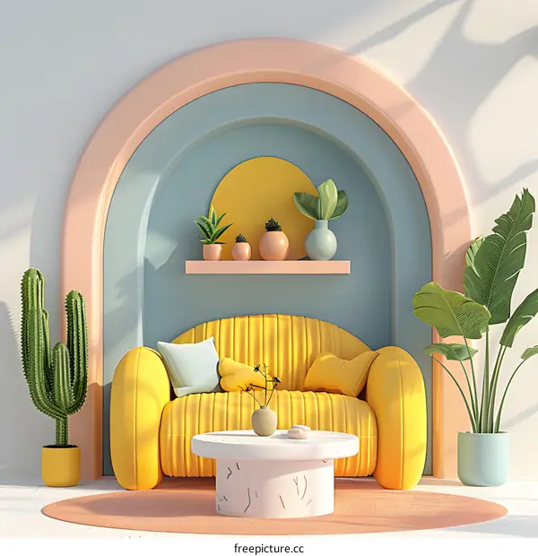 Modern Yellow Sofa With Archway and Plants