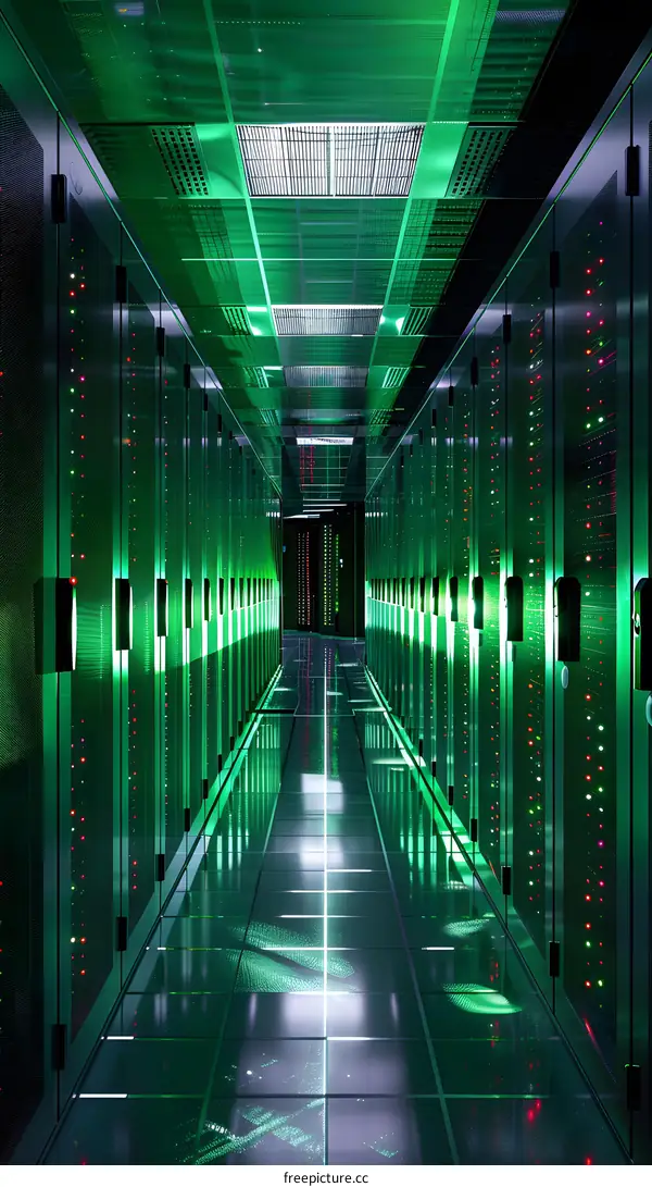 futuristic technology data center server room with green lights