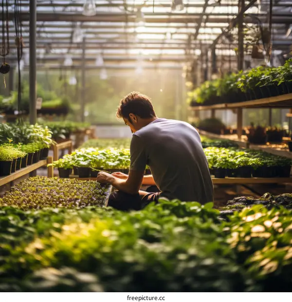Young Male Botanist Working in Greenhouse