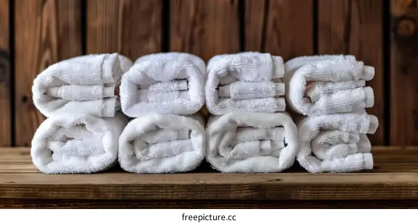 White Bath Towels Stacked on Wooden Shelf