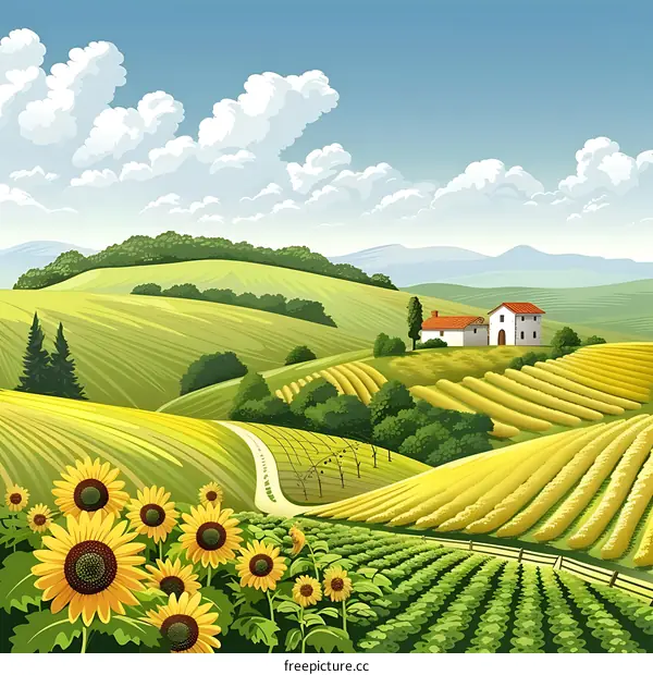 Beautiful Countryside Landscape With Farm and Sunflowers