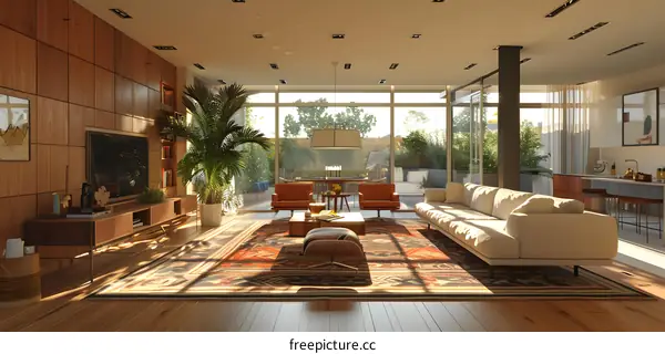 Modern living room with wood paneling and large windows