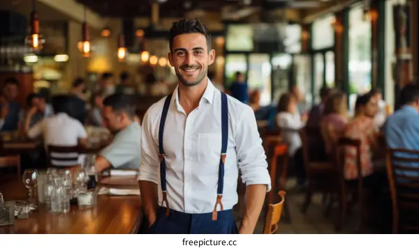 Handsome young man wearing suspenders standing in a restaurant