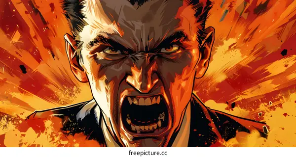 man in suit screaming with fire explosion in the background