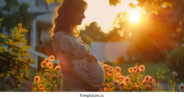 Pregnant Woman in a Garden at Sunset