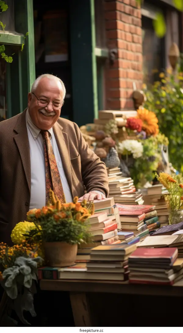 Smiling man with a mustache and glasses standing in front of a table full of books.