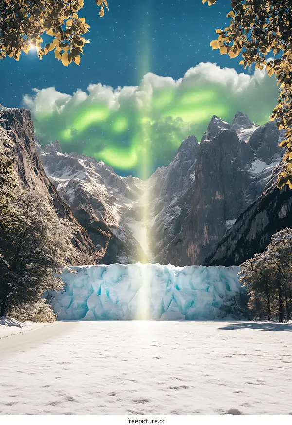 Glacier And Mountains Under The Aurora Borealis