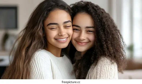 Two Girls Embrace Affectionately