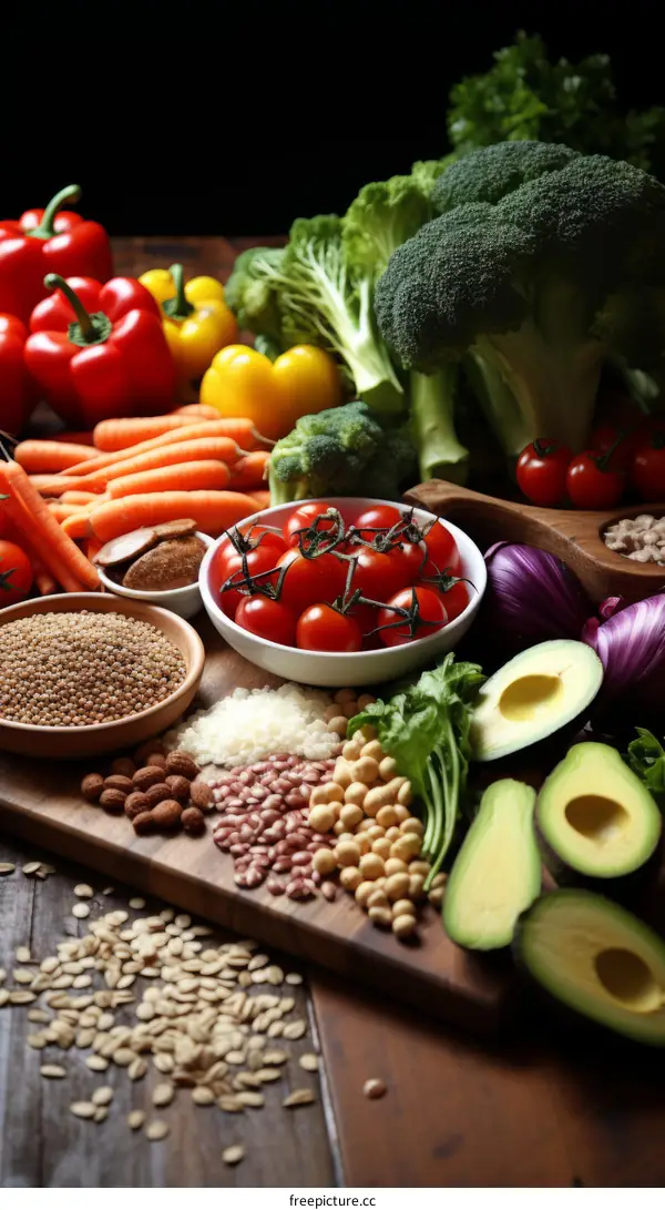 A variety of fresh vegetables and grains are arranged on a wooden table.