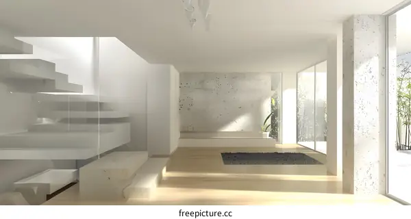 Modern Minimalist Concrete Staircase And Glass Railing In A House Interior Design