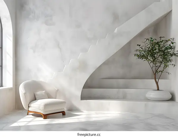 Staircase and Large Windows in Minimalist White Interior