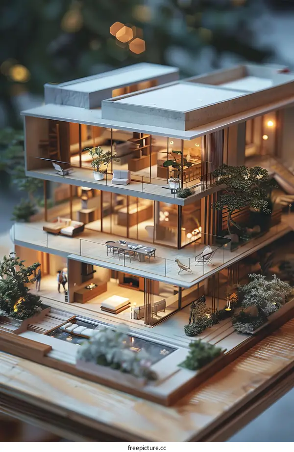 A Miniature Modern House with a Wooden Pool in the Yard