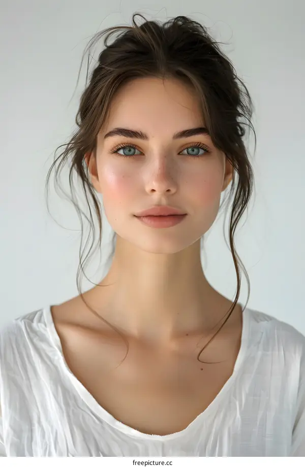 Young woman with freckled skin and blue eyes