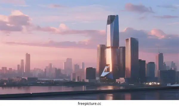 Modern High-Rise Building with Unique Glass Facade at Sunset