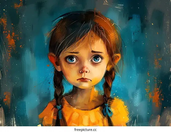 Portrait of a sad girl with big blue eyes and brown hair wearing a yellow dress with blue ribbons in her hair