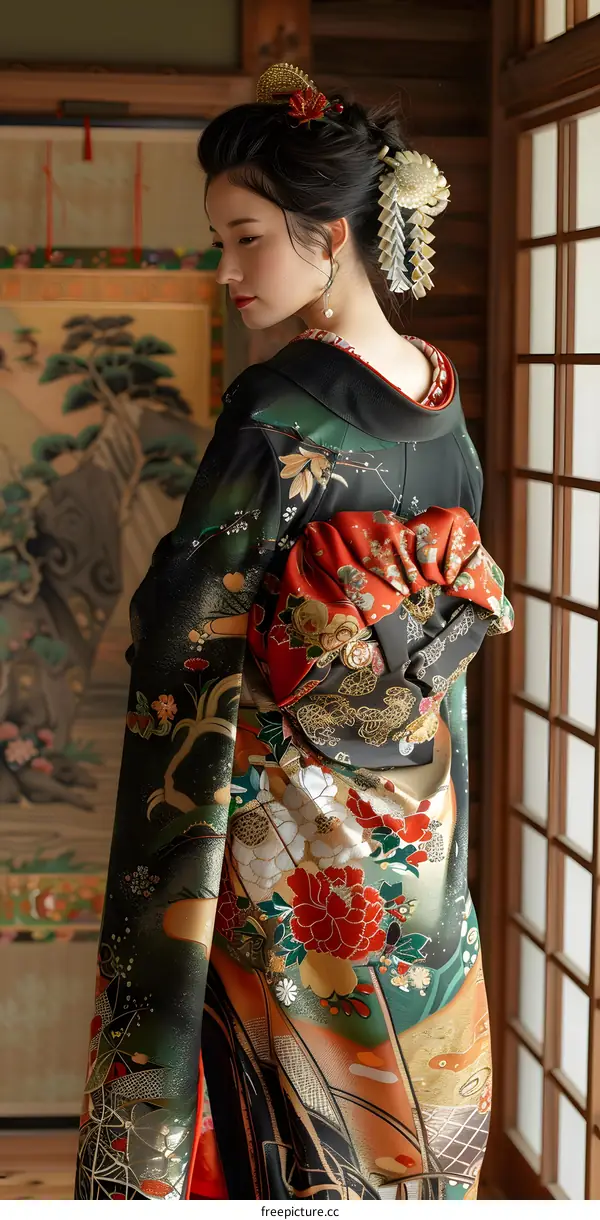 A woman wearing a kimono is standing in a traditional Japanese room.