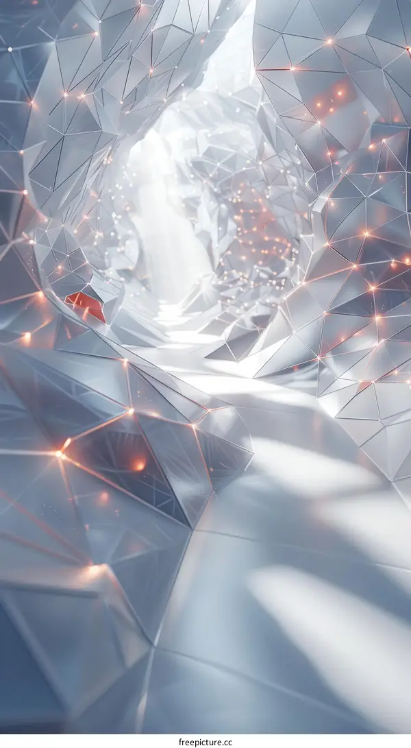 Futuristic tunnel of glowing triangles with bright light at the end