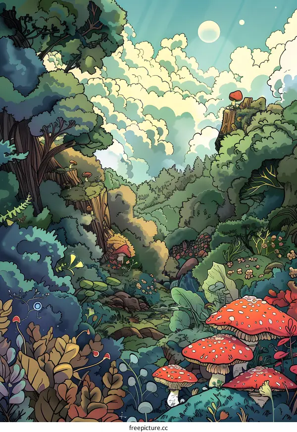 Fantasy Forest Illustration With Red Mushrooms And Lush Greenery