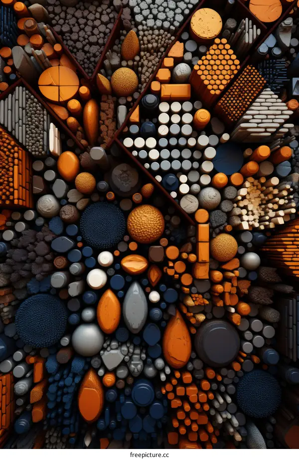 spheres and cylinders of various sizes and colors arranged in a grid