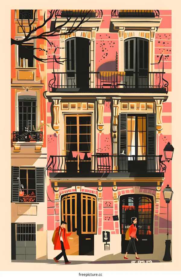 Pink Building with People Walking in Front