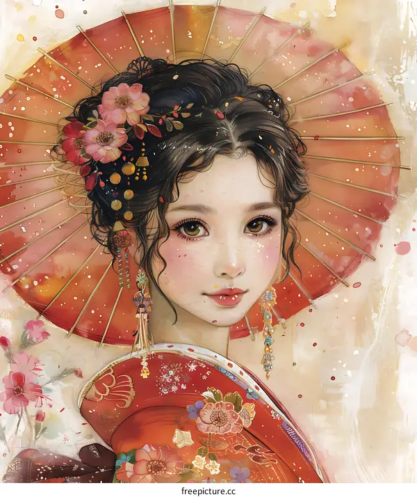 An illustration of a beautiful Japanese woman in a red kimono holding a red umbrella.