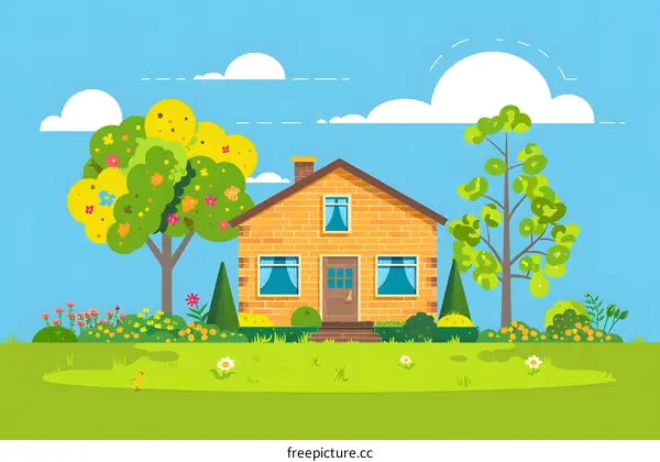 Cartoon Illustration of a Brick House With a Green Lawn and Trees