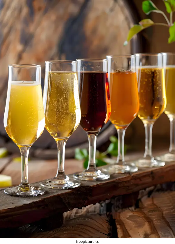 Assortment of  Flavored Beers in Glasses on Wooden Plank