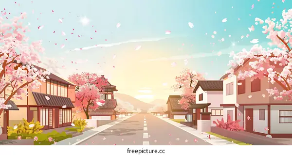 Cherry Blossom Street Scene Illustration