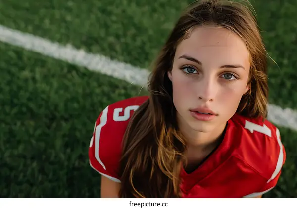 Portrait of a Young Woman in a Red Football Jersey