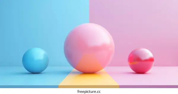 Three spheres of different sizes and colors on a platform