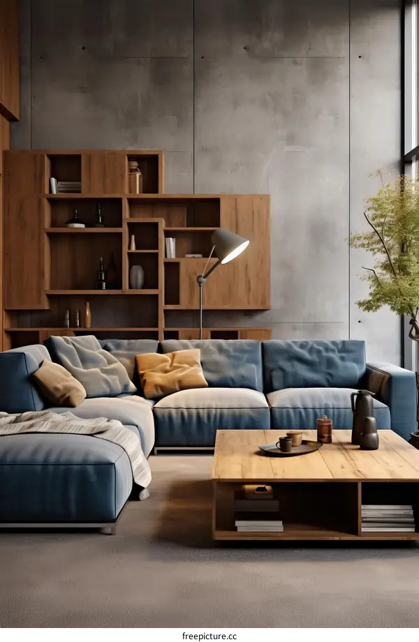 blue couch in a modern living room