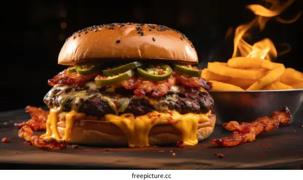 A delicious bacon cheeseburger with jalapenos and a side of fries