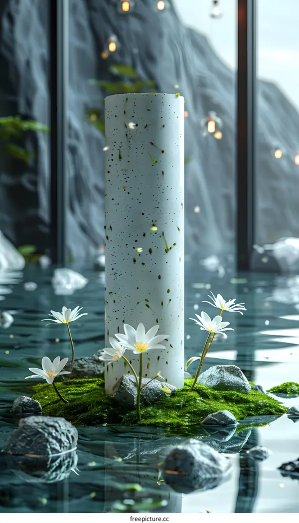 white cylinder and white flowers in the water