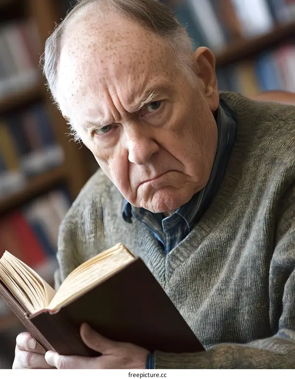 Old Man Reading Book with Serious Expression