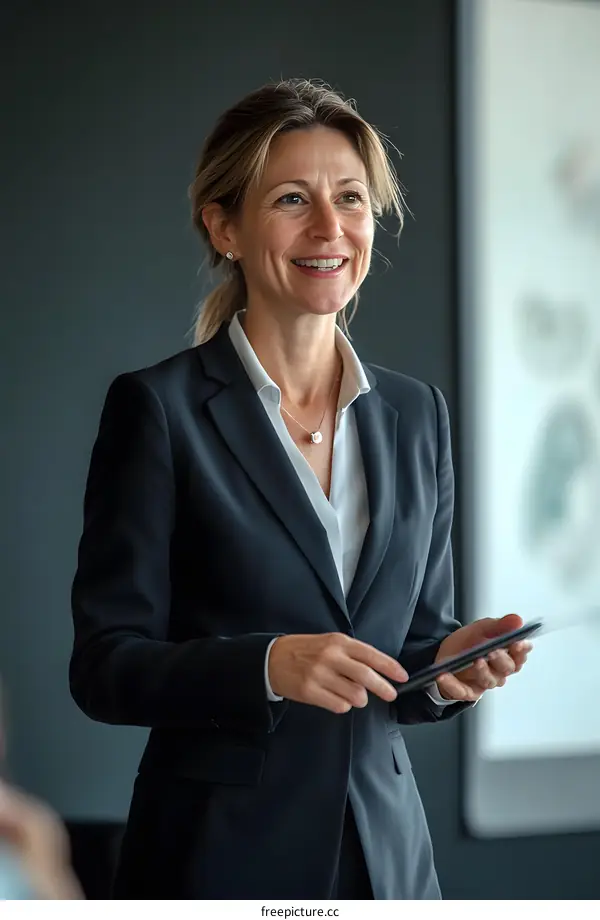Smiling Businesswoman In A Meeting Holding A Tablet