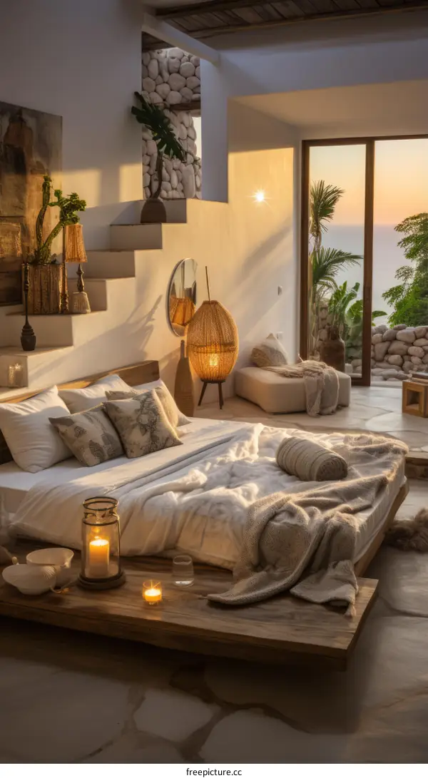 Modern cozy bedroom interior with amazing sea view