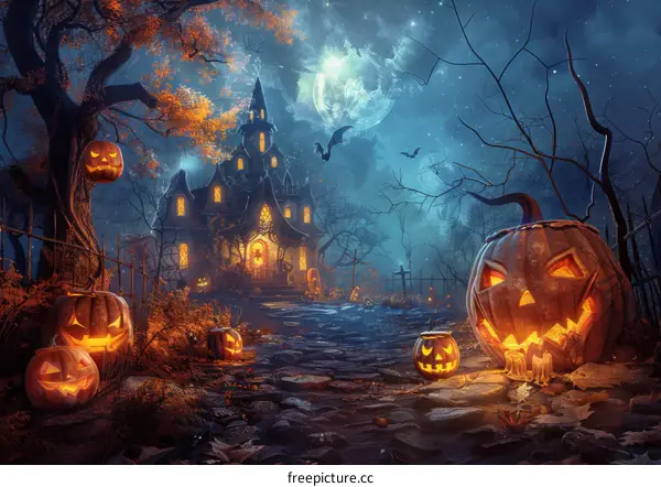 Halloween Jack-o'-Lanterns in a Haunted Victorian House Under Moonlight