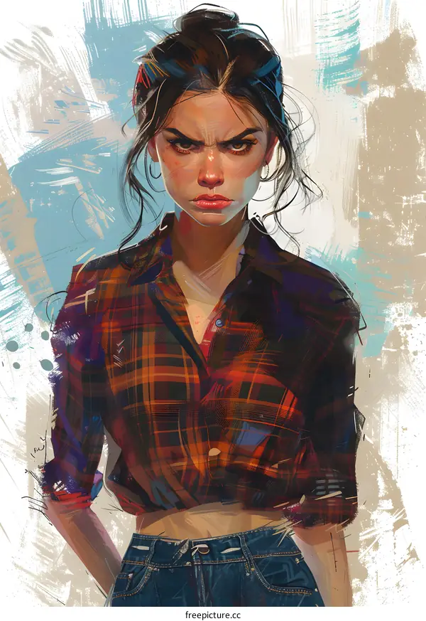 Portrait of a young woman with brown hair and blue eyes wearing a plaid shirt and jeans