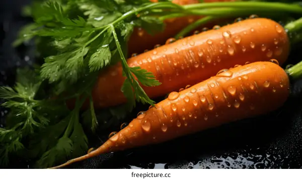 Fresh organic carrots with green leaves covered with dew drops closeup