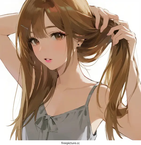 A Young Woman with Long Brown Hair Styling Her Hair